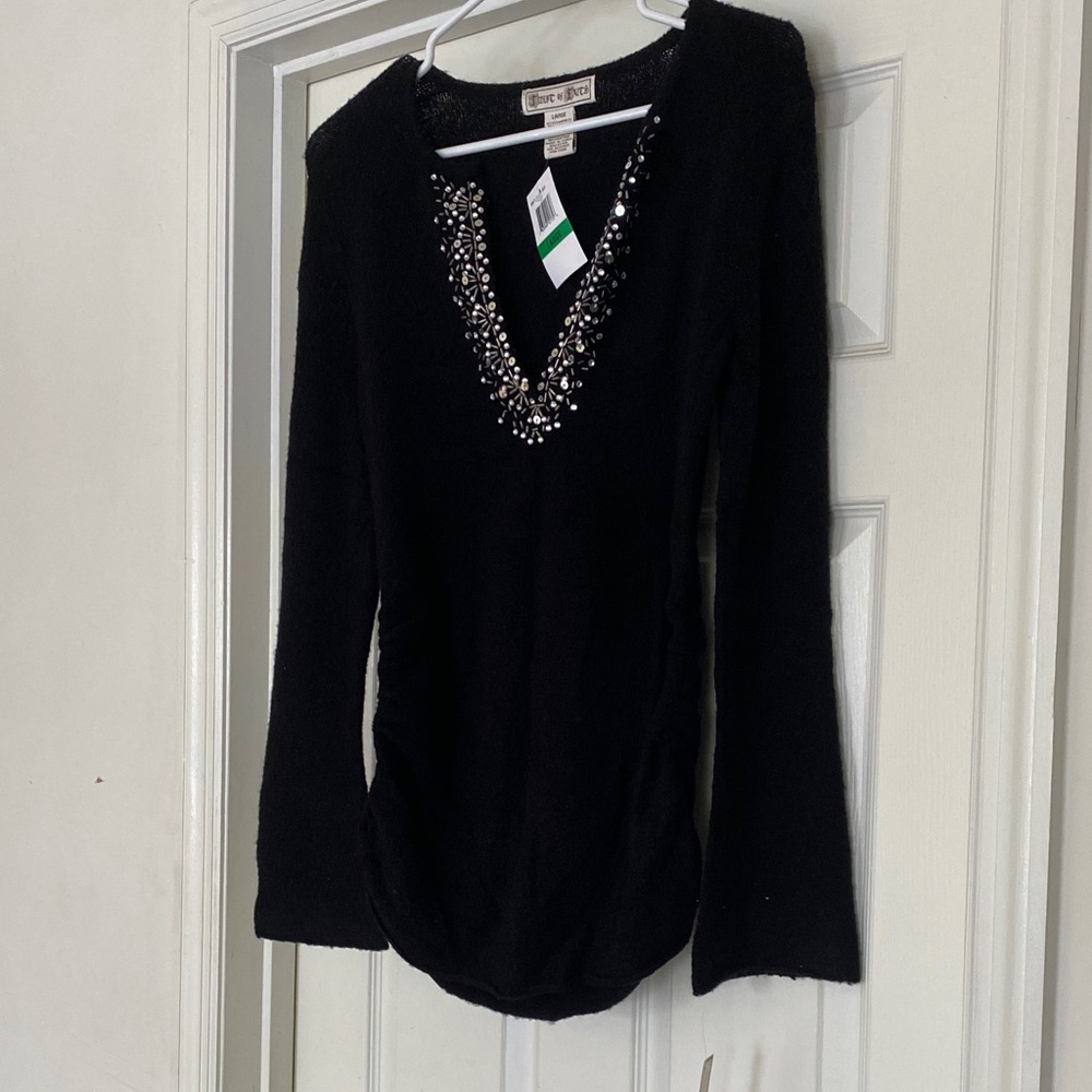 Elegant Black V-Neck Embellished Blouse